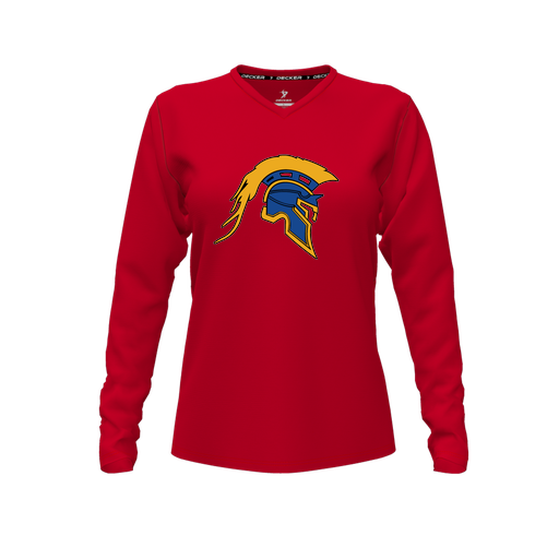 [FTLVCFRD-FYXS-LOGO1] Decker Comfort T-Shirt (Female Youth XS, Red, V Neck, Logo 1, Long Sleeve)