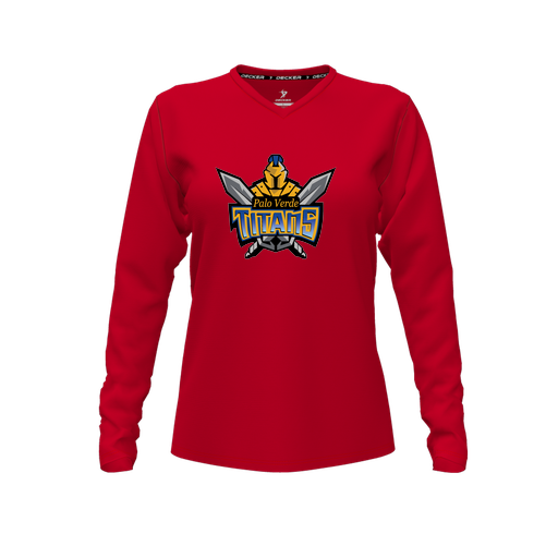 [FTLVCFRD-FYXS-LOGO2] Decker Comfort T-Shirt (Female Youth XS, Red, V Neck, Logo 2, Long Sleeve)